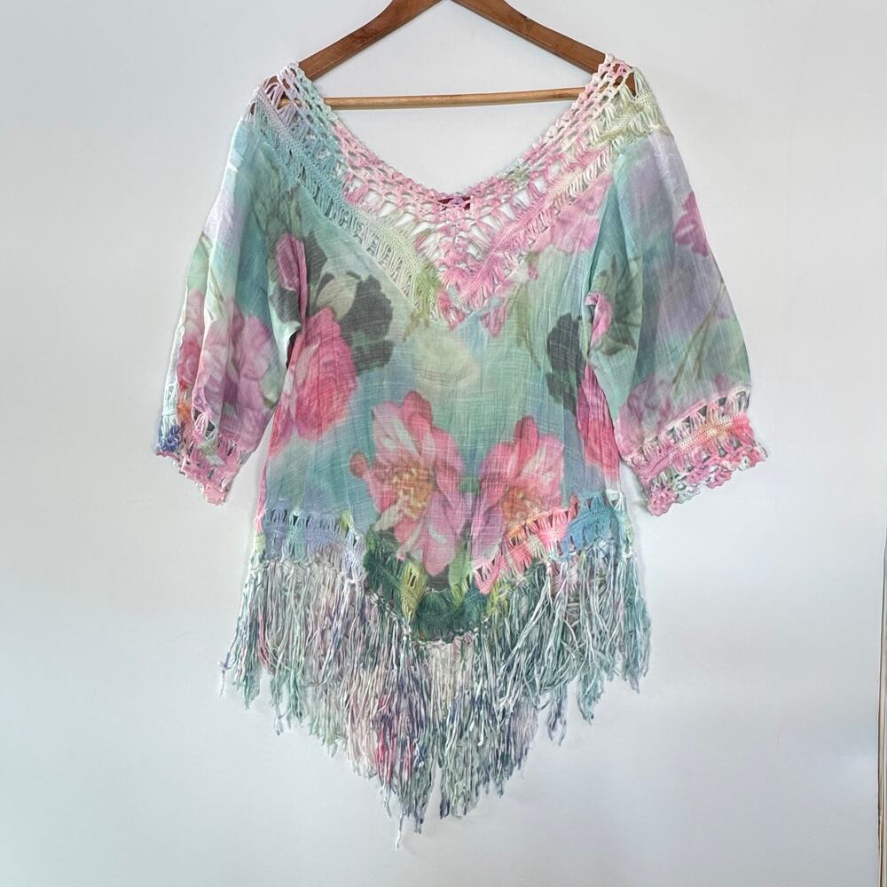 Kamana floral tunic with fringe and crochet trim, Boho pink and mint green, L